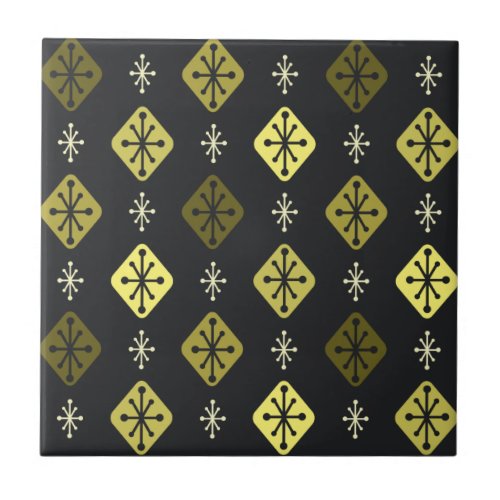 Midcentury Starbursts Diamonds Black Yellow Ceramic Tile