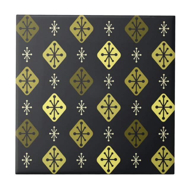 Midcentury Starbursts Diamonds Black Yellow Ceramic Tile (Front)