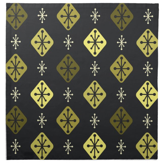 Midcentury Starbursts Diamonds Black Yellow Cloth Napkin (Front)