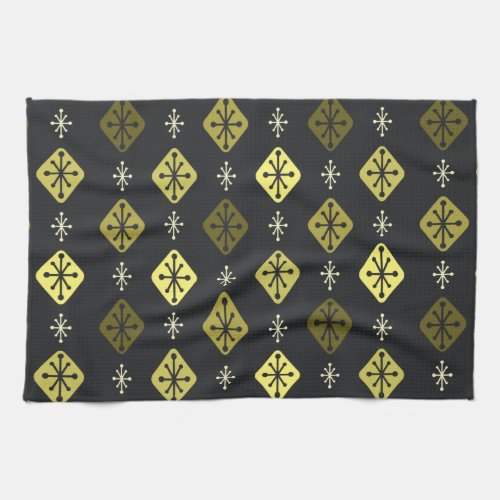 Midcentury Starbursts Diamonds Black Yellow Kitchen Towel