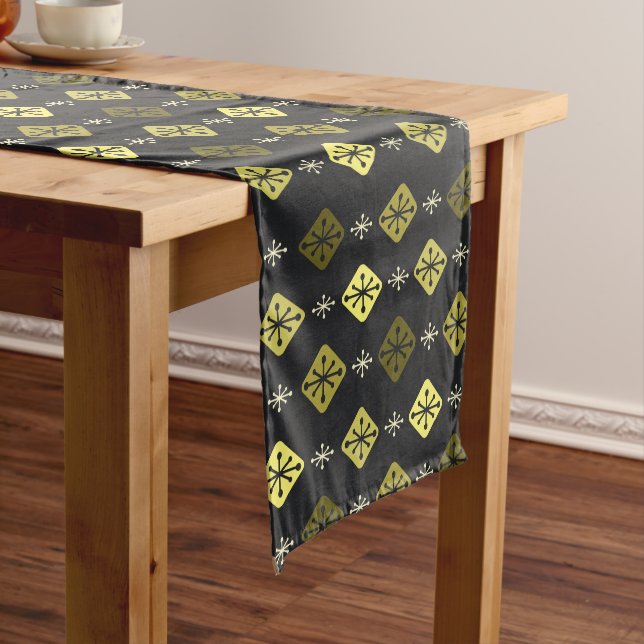 Midcentury Starbursts Diamonds Black Yellow Short Table Runner (In Situ)