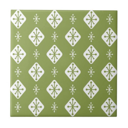 Midcentury Starbursts Diamonds Olive Green Ceramic Tile