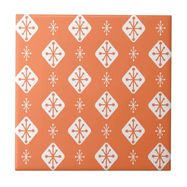 Midcentury Starbursts Diamonds Orange Ceramic Tile (Front)