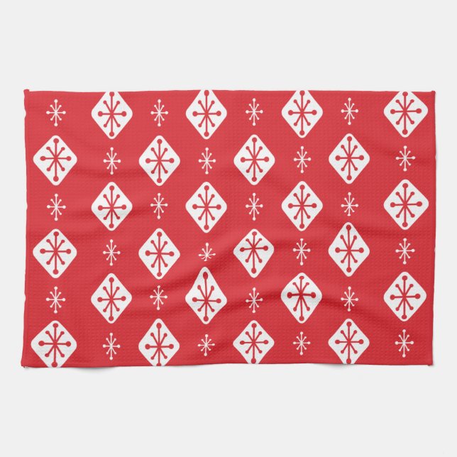 Midcentury Starbursts Diamonds Red Kitchen Towel (Horizontal)
