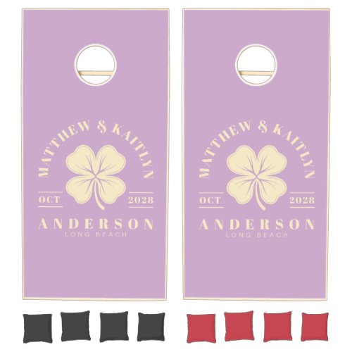 MidCentury Summer Lilac Irish Clover Wedding Crest Cornhole Set