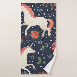 Middle Ages print Unicorns on a Christmas floral b Bath Towel