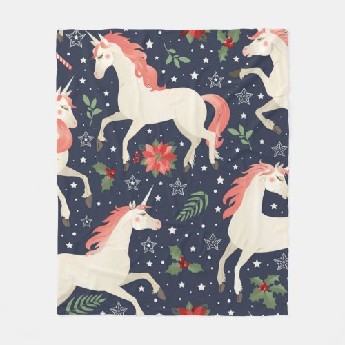 Middle Ages print Unicorns on a Christmas floral b Fleece Blanket