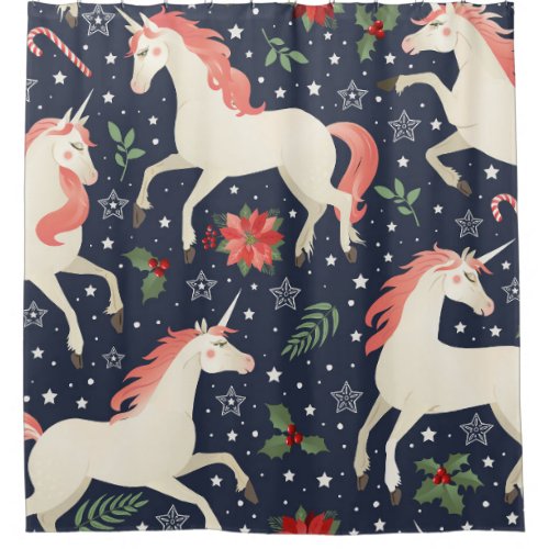 Middle Ages print Unicorns on a Christmas floral b Shower Curtain