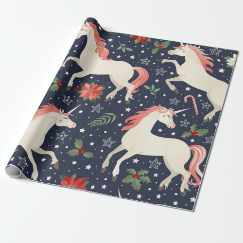 Middle Ages print Unicorns on a Christmas floral b Wrapping Paper