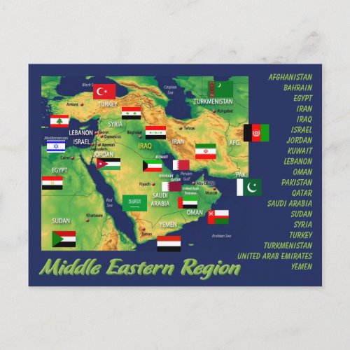 Middle_ Eastern countries geographic map with flag Postcard