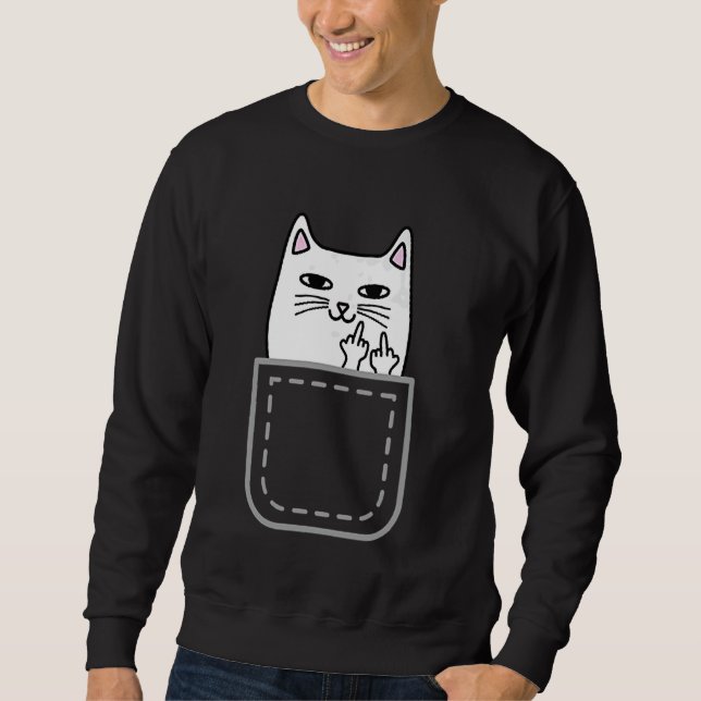 Middle Finger Cat Pocket Funny Cartoon Cat White P Sweatshirt (Front)