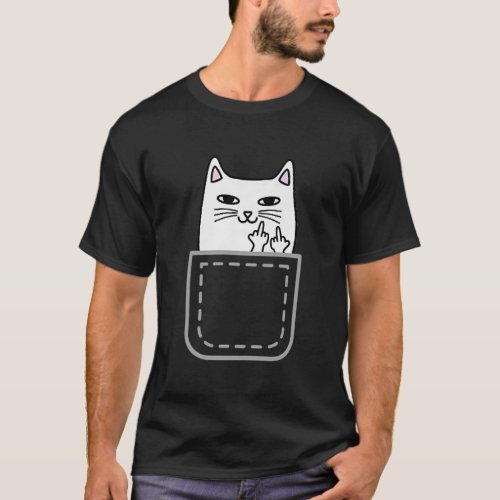 Middle Finger Cat Pocket Funny Cartoon Cat White P T_Shirt