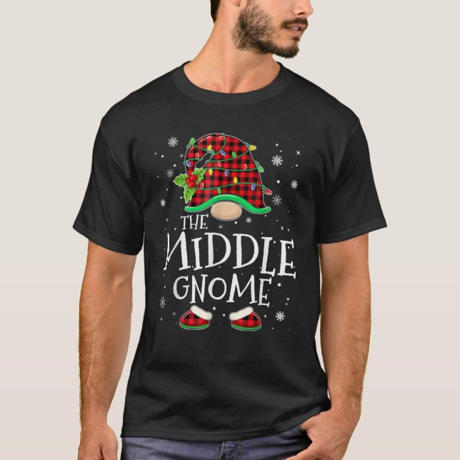 Middle Gnome Red Plaid Matching Family Christmas P T-Shirt (Front)