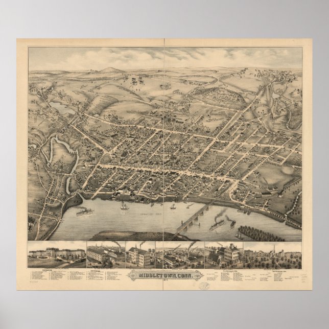 Middletown Connecticut 1877 Antique Panoramic Map Poster (Front)