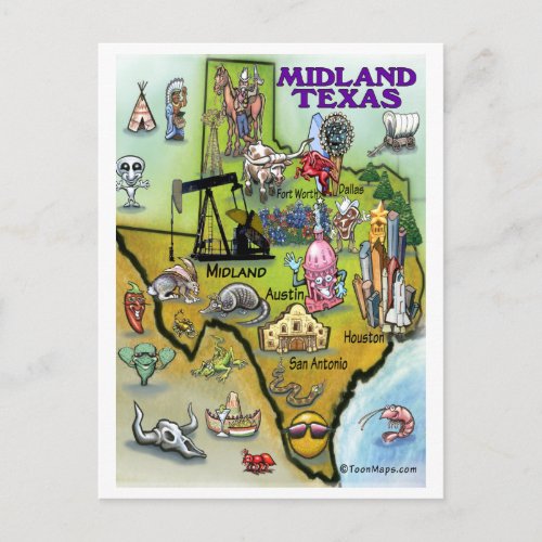 Midland Texas Cartoon Map Postcard