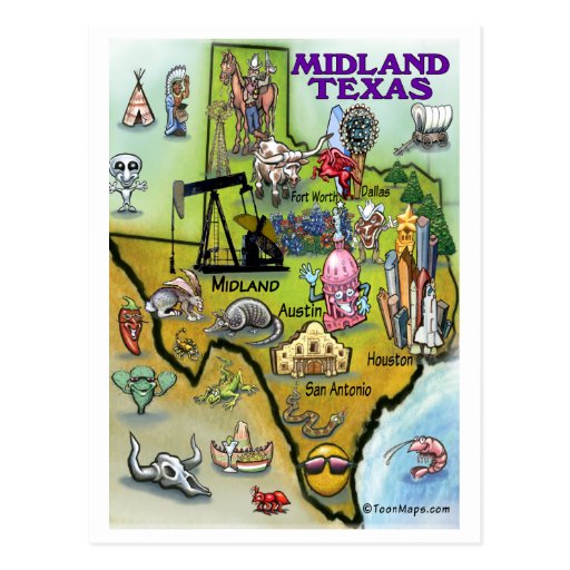 Midland Texas Cartoon Map Postcard | Zazzle