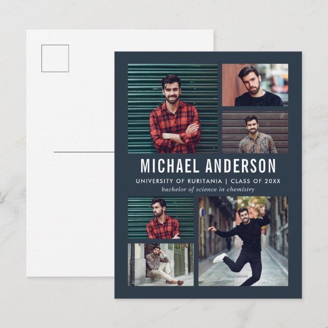 Midnight | 6 Photo Chalkboard Graduation Invitation Postcard (Front/Back)