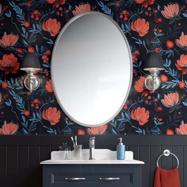 Midnight Berry Blooms - Black, Red, and Blue  Wallpaper (Midnight Berry Blooms - Black, Red, and Blue - Eclectic Peel and Stick Wallpaper)