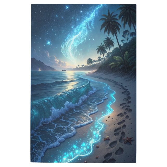 Midnight Bioluminescent Shore Metal Print (Front)