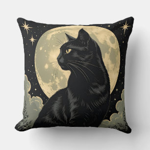 Midnight Black Cat & Moon   Vintage Halloween Art Throw Pillow
