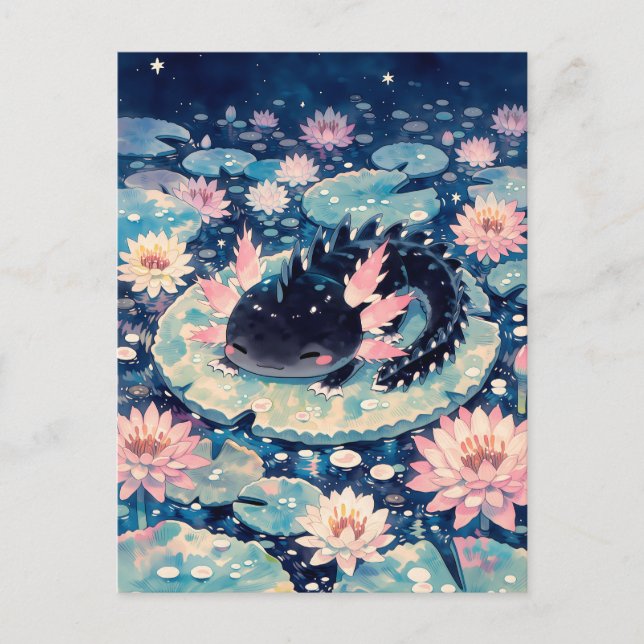 Midnight Black Kawaii Axolotl Pond Postcard (Front)