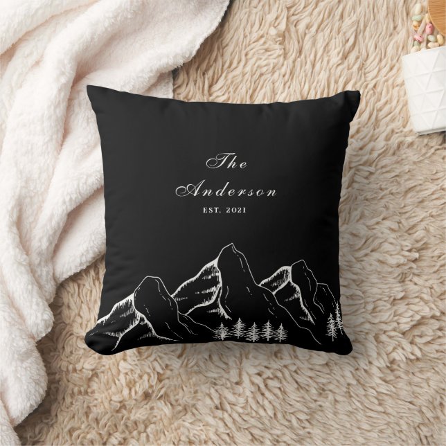 Midnight Black Mountain Pine Tree Family Throw Pillow (Blanket)
