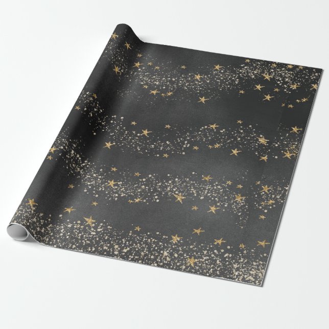 Midnight Black Starry Night Sky Gift Wrap Paper (Unrolled)