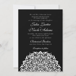 Midnight Black Whimsical Floral Mandala Wedding Invitation