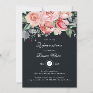 Midnight bloom blush floral Quinceanera Invitation
