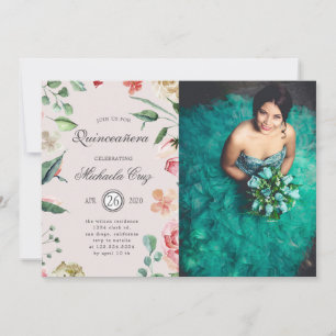 Midnight bloom blush floral Quinceanera Invitation