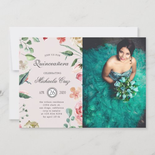 Midnight bloom blush floral Quinceanera Invitation