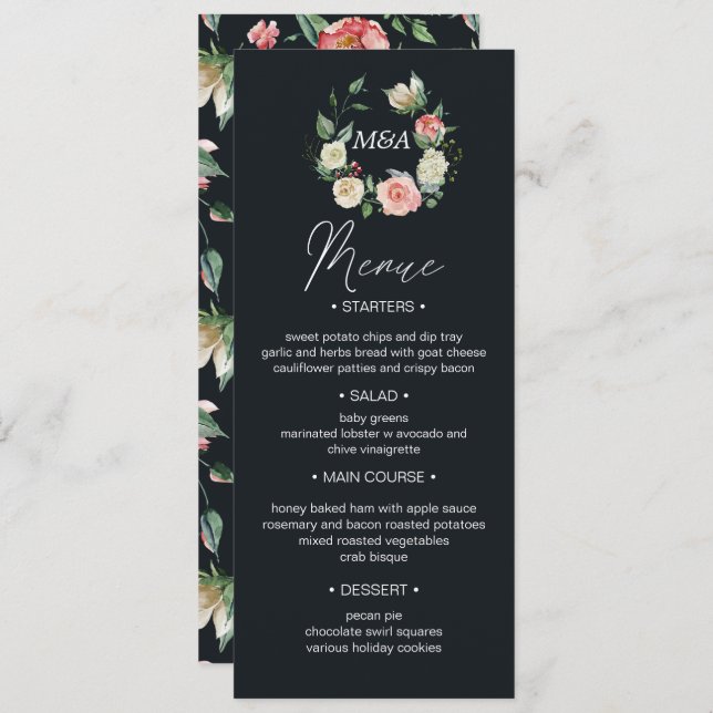 midnight bloom  blush floral Wedding Dinner Menu Invitation (Front/Back)