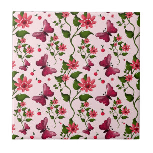 Midnight Bloom Butterfly Floral Ceramic Tile