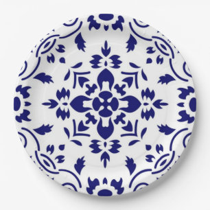 Midnight Bloom Classic Blue Floral Mosaic Paper Plates
