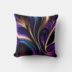 Midnight Bloom - Deep Purple, Teal & Gold Abstract Throw Pillow