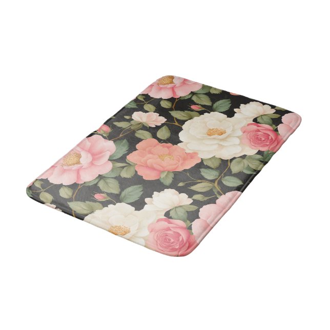 Midnight Bloom Elegance Blush Pink Roses Dark Bath Mat (Angled)