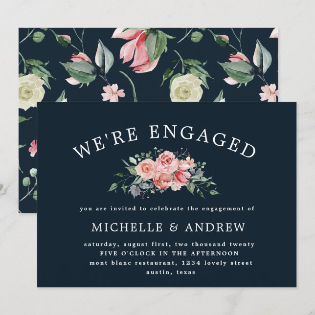 midnight bloom elegant floral engagement invitation (Front/Back)