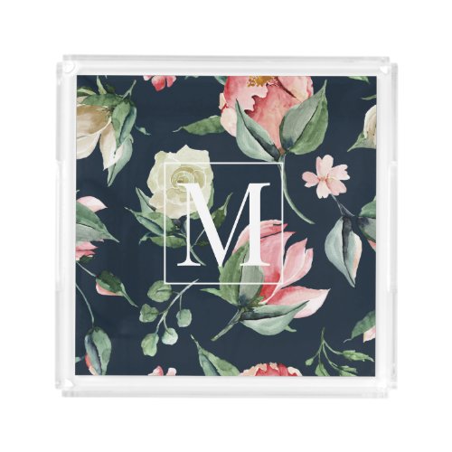 midnight bloom elegant floral Monogram Acrylic Tray