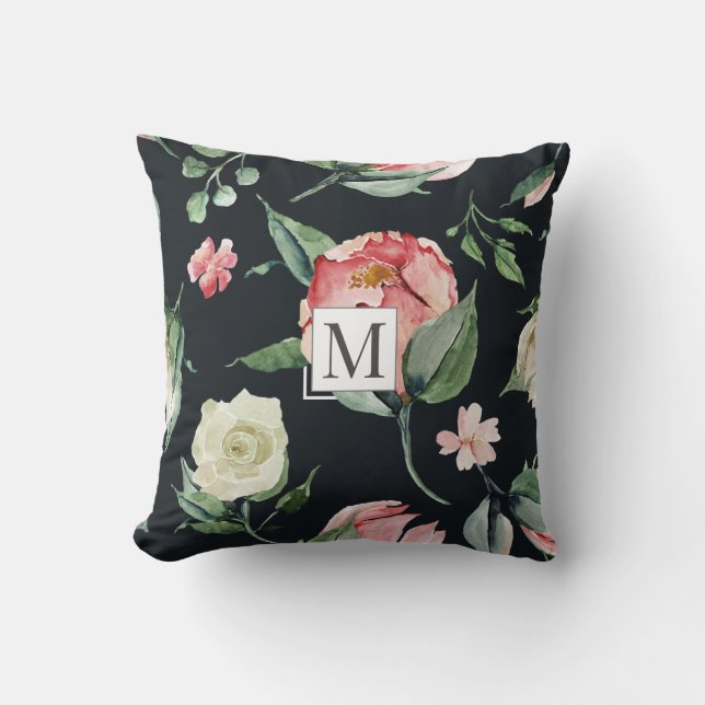 midnight bloom elegant floral Monogram Throw Pillow (Front)