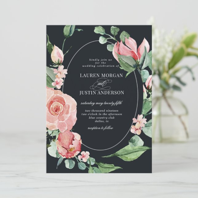 Midnight Bloom Elegant Floral Wedding Invitation (Standing Front)