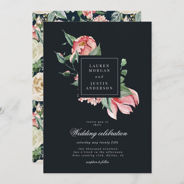 midnight bloom elegant floral wreath invitation (Front/Back)