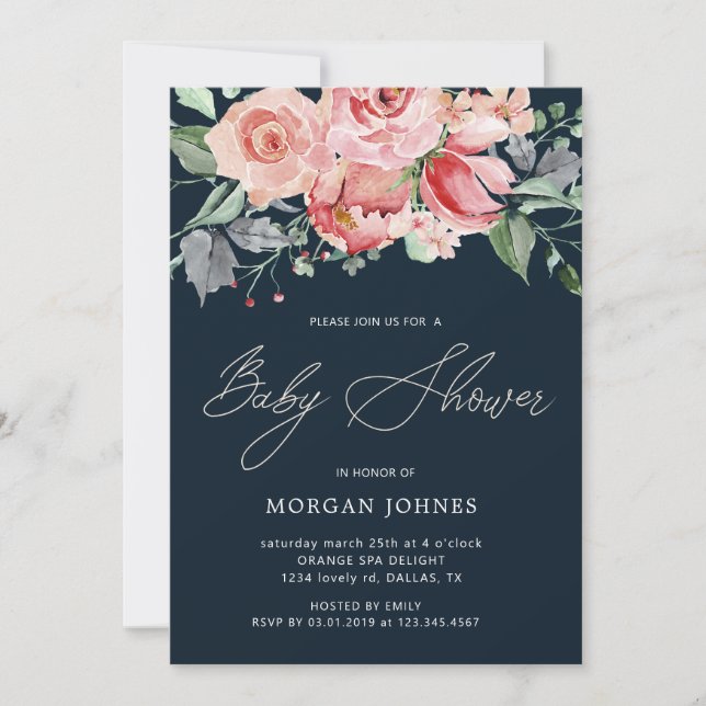 Midnight Bloom Floral Baby Shower Invitation (Front)