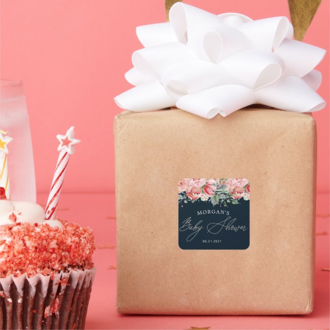 Midnight Bloom Floral Baby Shower Square Sticker (Party)