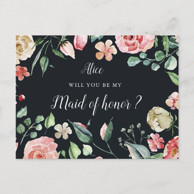 midnight bloom floral Maid of Honor Invitation Postcard (Front)
