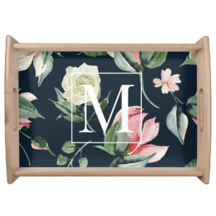 midnight bloom floral monogram serving tray