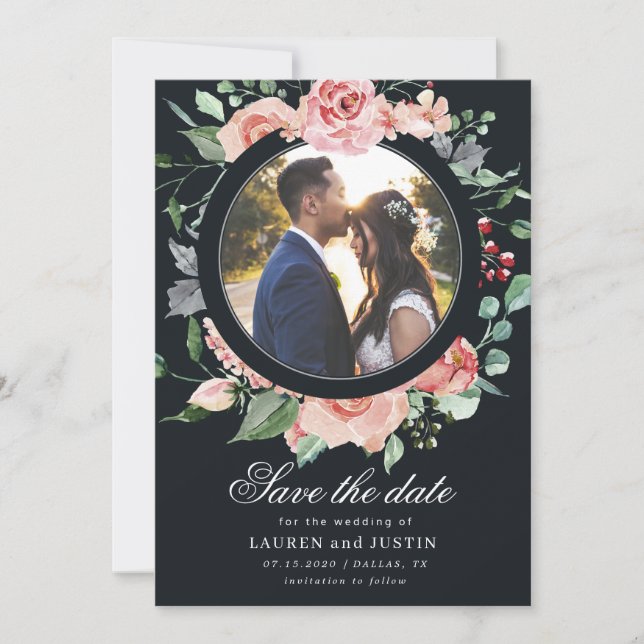 midnight bloom floral Photo Save The Date Card (Front)