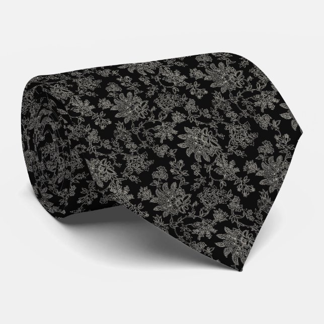 Midnight Bloom Lace Floral Pattern Wedding Neck Tie (Rolled)