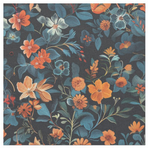 Midnight Bloom: Orange and Blue Floral Symphony  Fabric