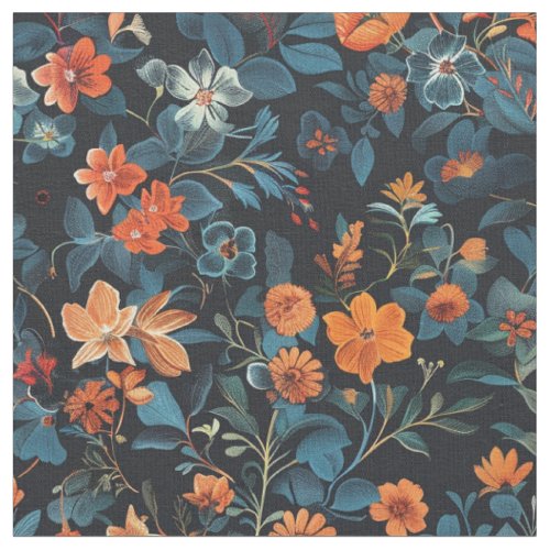 Midnight Bloom Orange and Blue Floral Symphony  Fabric