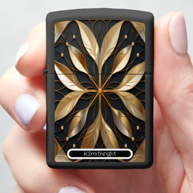 Midnight Bloom" - Personalized Gold Floral Zippo Lighter (In Hand)